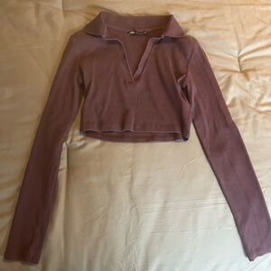Long Sleeve Ribbed Zara Crop Top, Brown, S